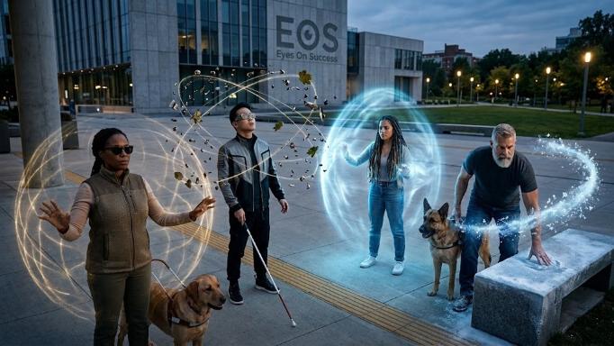 Synthetic image showing 4 people with vision loss in a plaza in front of a large office building labelled 'EOS Eyes On Success'.  Each person has either a white cane or a guide dog and is surrounded by a different glowing aura intended to indicate that each one has a superpower.  Thanks to Gemini for creating this image. 